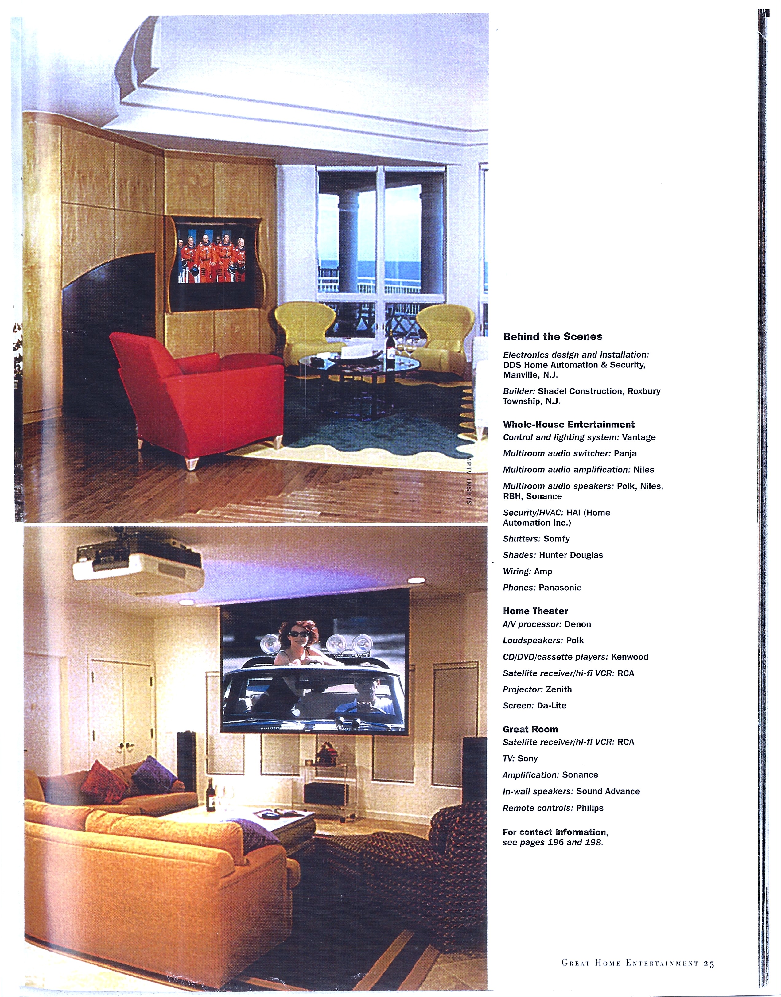Robb Report feature page showing the home theater and great room of a New Jersey shore home built by Shadel Construction